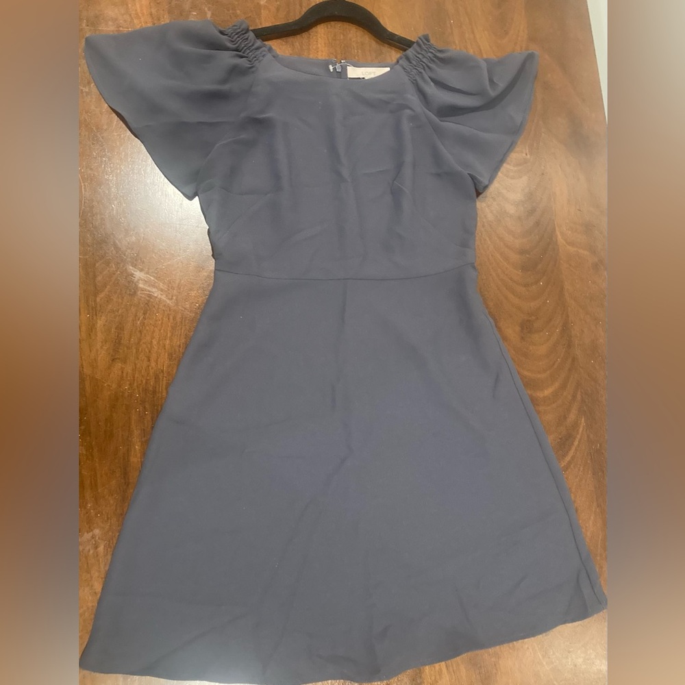 LOFT Gray Sheath Dress with Asymmetrical Neckline and Flutter Cap Sleeves